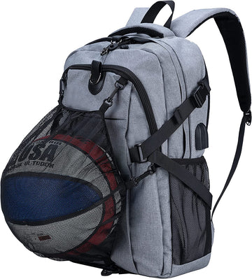 Widfre Basketball Backpack with USB Charging Port, Durable Men's Laptop Backpack for Outdoor with Ball Compartment (Gray)
