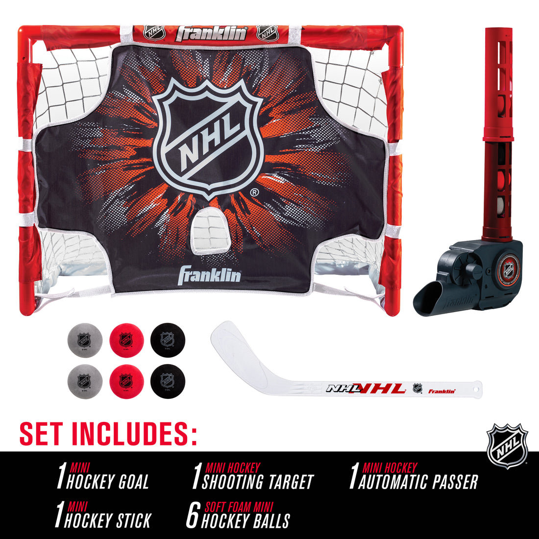Franklin Sports Knee Hockey Goal Set - Mini Hockey Stick Set - Automatic Ball Passer, Goal & Target Set