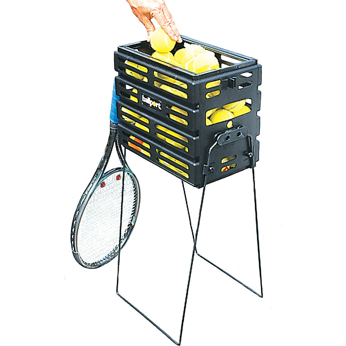 Tourna Ball Port - Tennis Ball Pickup Basket, 80 Ball Capacity, Black Color with Locking Legs and Top.
