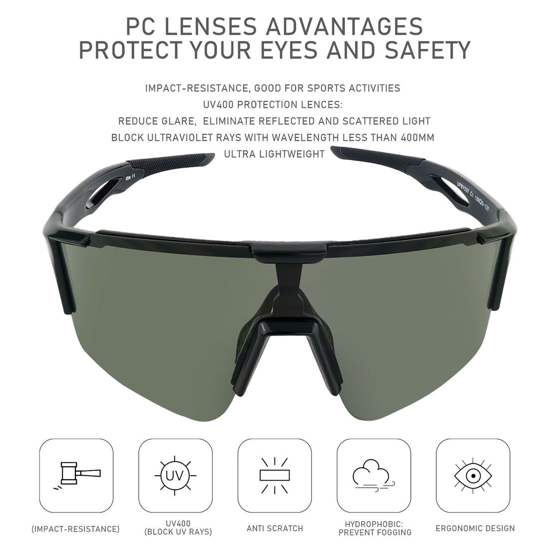 UPANBIKE Bike Cycling Sunglasses Sports Sunglasses Anti-UV400 Large Size Lens TR90 Unbreakable Frame, Glossy Black Frame/Grey Lens