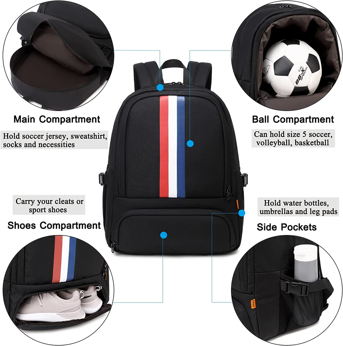 G-FAVOR Soccer Bag, Soccer Backpack with Ball Compartment for Boys and Girls Fits Basketball Volleyball, Sports Equipment Bags for School Outdoor Camping
