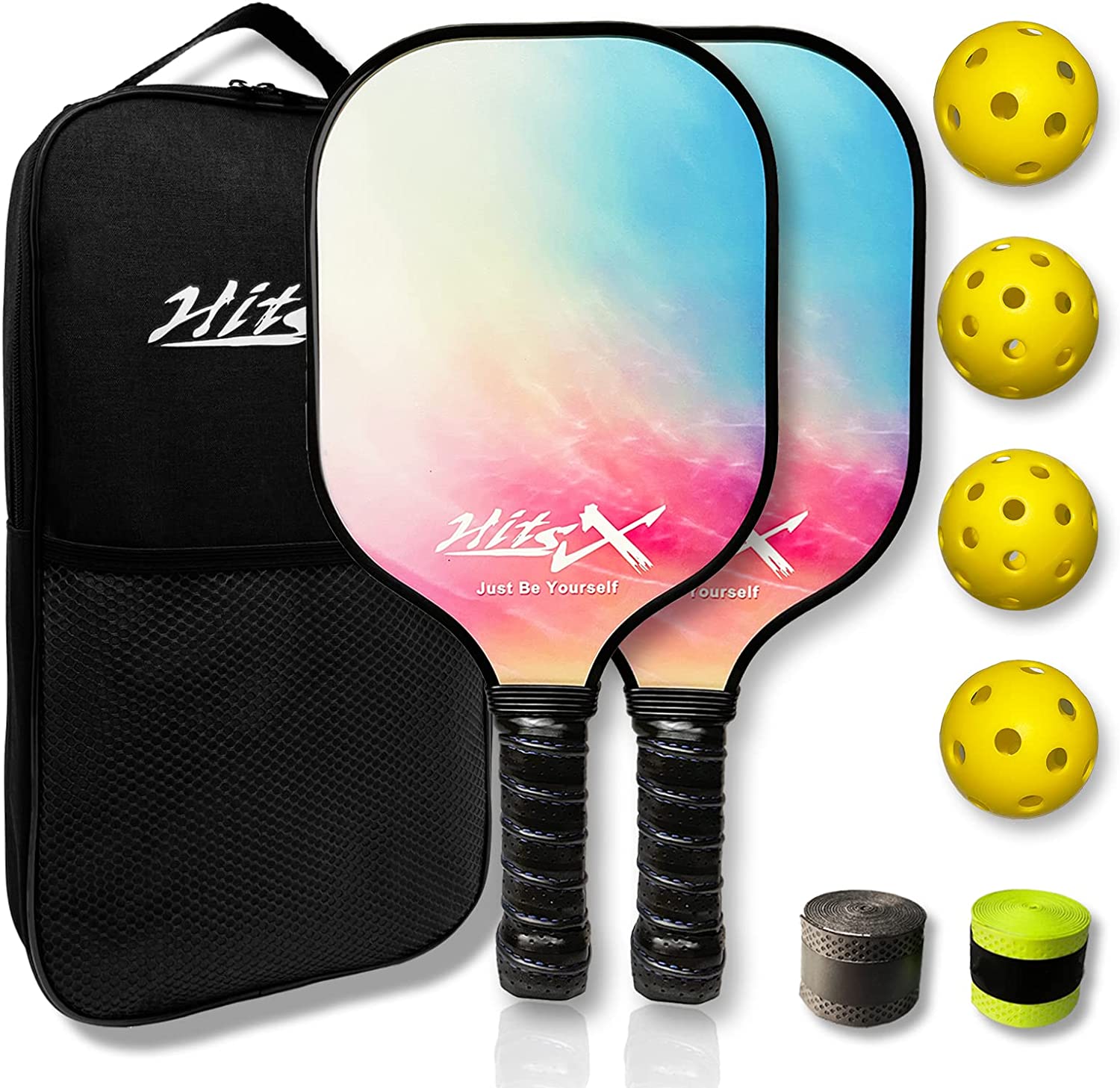 HitsX Pickleball Paddles, Graphite Pickleball Paddles Set of 2 Pickleball Racquet 4 Balls 1 Portable Bag