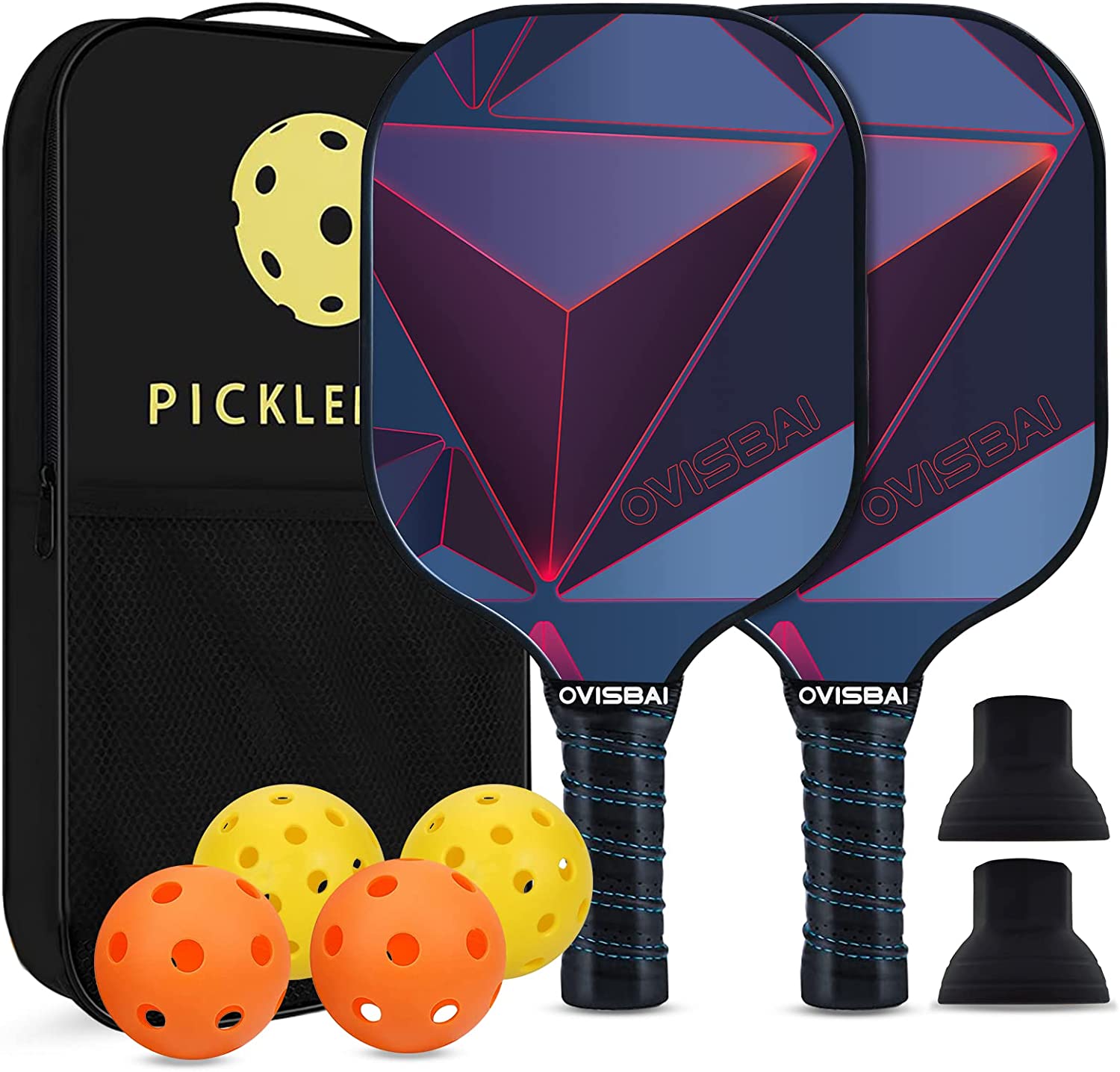 OVISBAI Pickleball Paddles Set of 2 Fiberglass Surface Paddleswith 4 Pickleball Balls, 2 Racquets, 2 Pickleball Ball Retriever, 1 Carry Bag