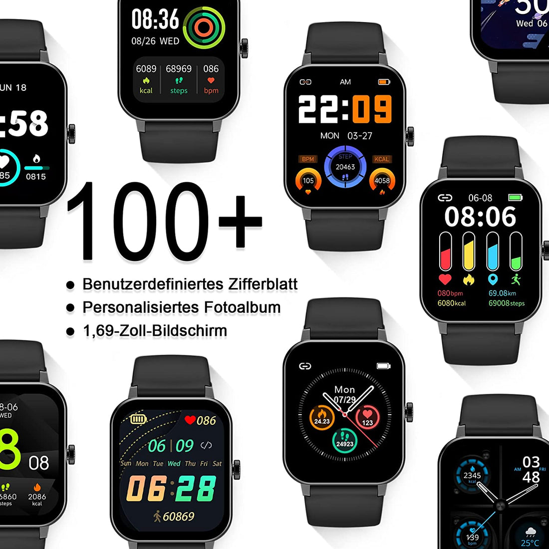 IOWODO Smart Watch Fitness Tracker 1.69'' HD Touch Screen with Heart Rate Monitor & Sleep Tracking,Temperature Detecting IP68 Waterproof Smartwatch