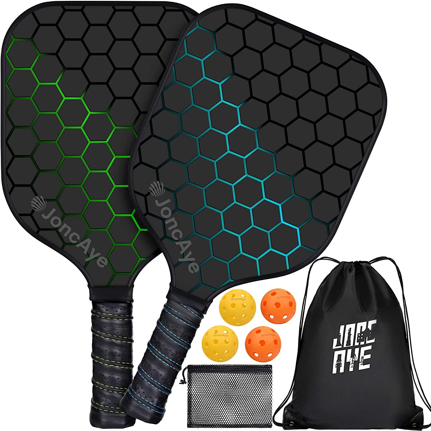 Pickleball-Set of 2, JoncAye Pickleball-Paddles Set with 4 Balls, Paddle Bag, Ball Bag, Ball Retriever