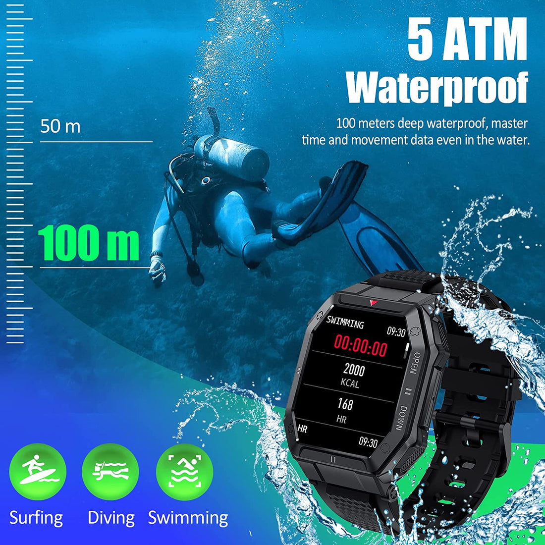 Military 100M Waterproof Rugged Tactical Smart Watch Fitness Tracker Watch with Heart Rate Sleep Monitor Pedometer Smartwatch NO BLUETOOTH CALLING