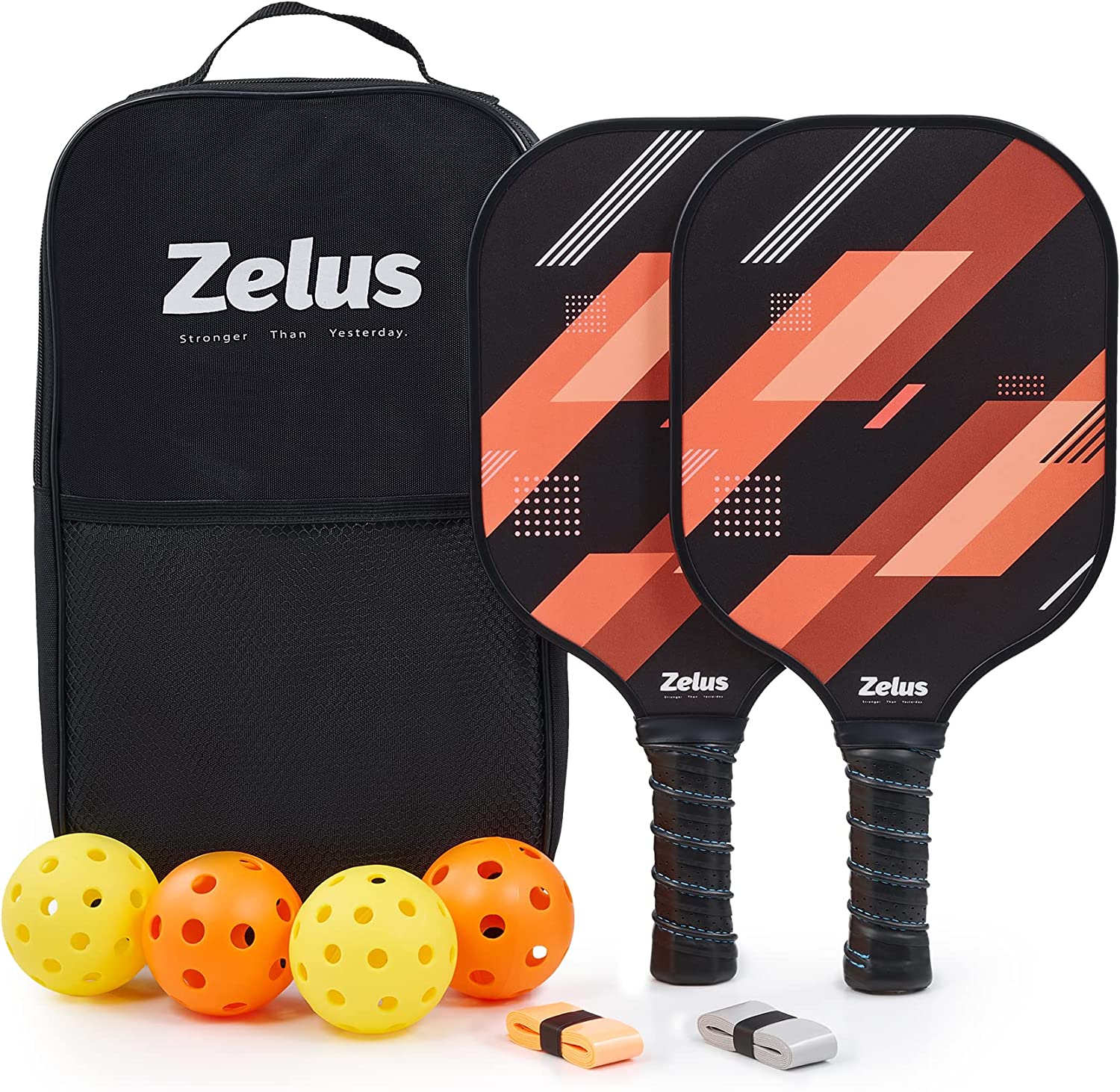 ZELUS Pickleball Paddles Set of 2, Pickleball Set with Carbon Fiber Paddles and 4 Indoor Outdoor Pickleball Balls