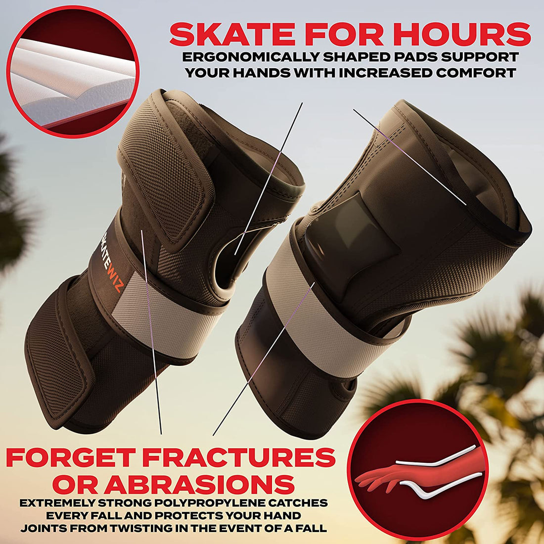 SKATEWIZ Skateboard Pads Adult [6pc] Shield Elbow Pads and Wrist Guards Protective Gear