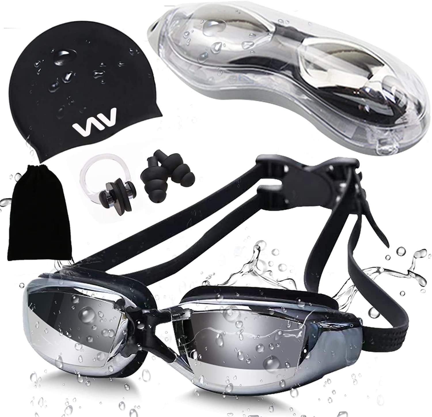 Swimming Goggles Set for Adult Men Women, Polarized Anti-Fog UV Protection Mirrored Swim Goggles with Swinming Cap, Nose Clip, Earplugs, Flannel bag-Black