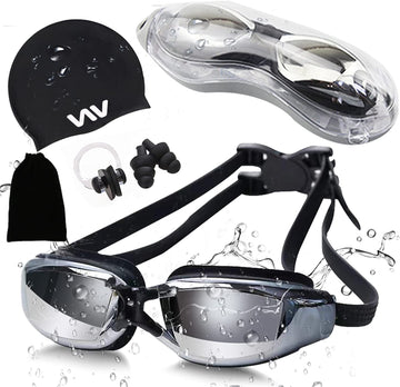 Swimming Goggles Set for Adult Men Women, Polarized Anti-Fog UV Protection Mirrored Swim Goggles with Swinming Cap, Nose Clip, Earplugs, Flannel bag-Black