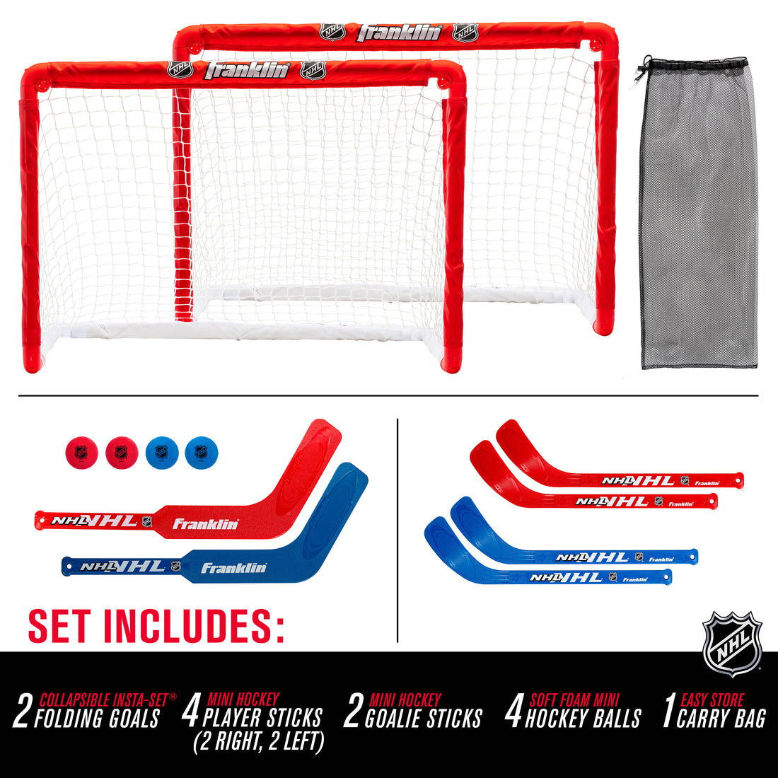 Franklin Sports Knee Hockey Goal Set of 2 - Mini Hockey Set for Kids - Player and Goalie Sticks Included