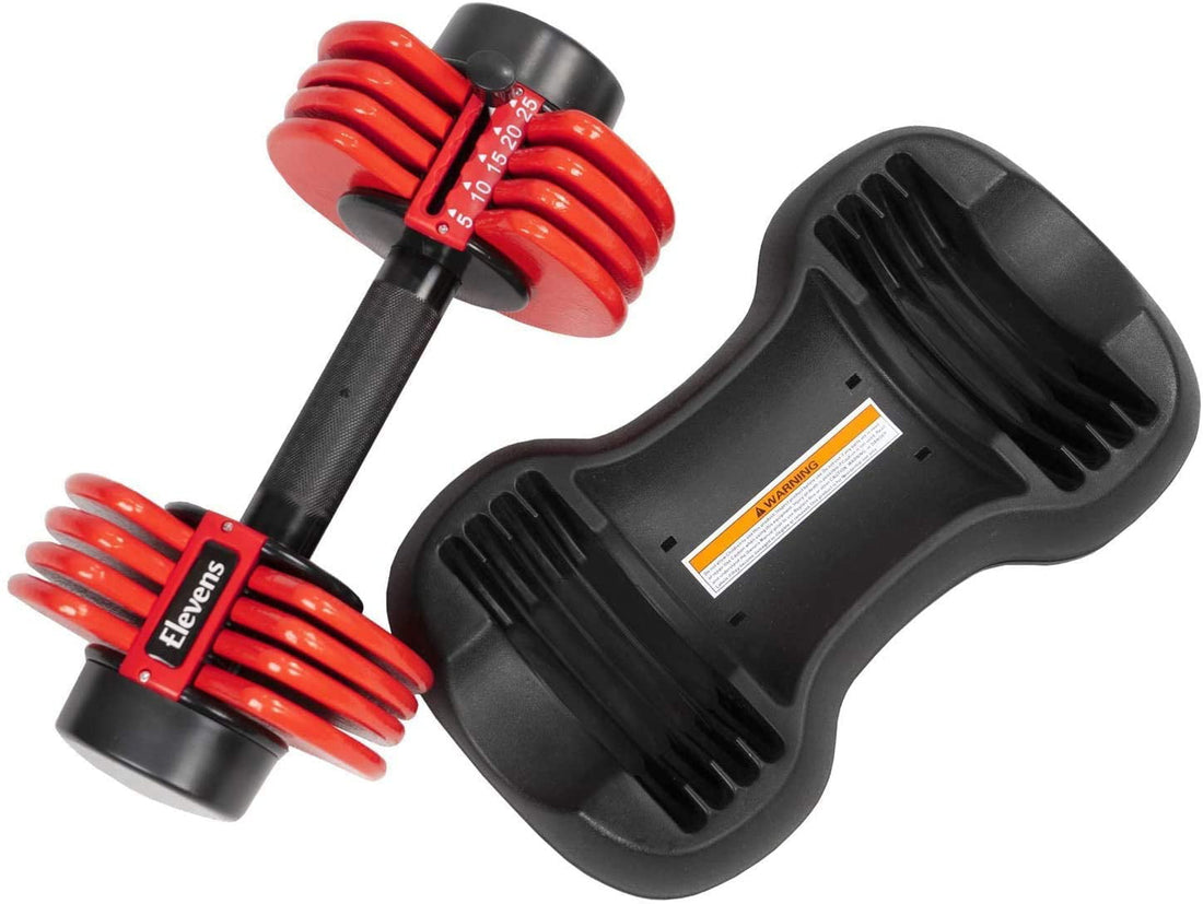 Elevens 50 Lb. Adjustable Dumbbells - Fast Adjusting Dial Weights - Workout Exercise, Strength Training and Fitness at Home Gym for Men and Women - Easy Removable Plates, Tray